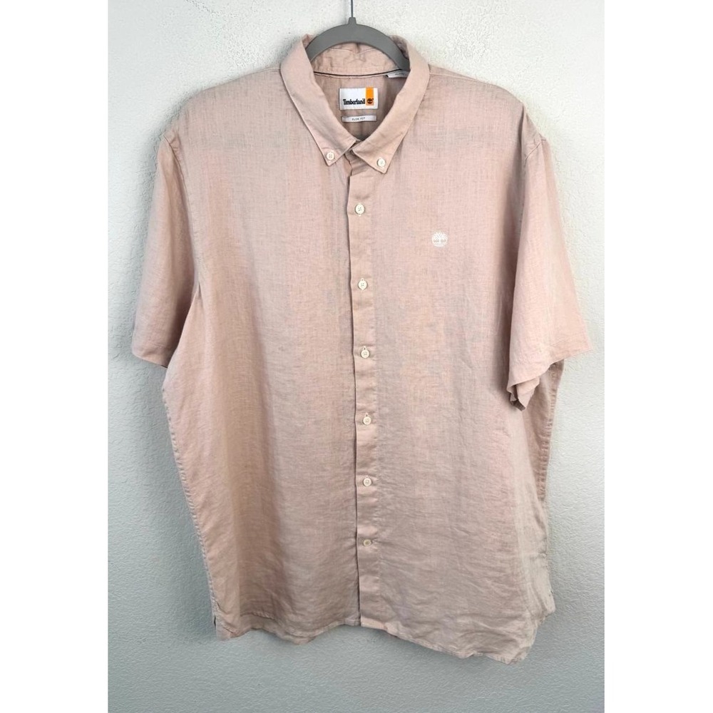 Timberland 100% Linen Short Sleeve Button Down Shirt Men's XL Dusty Pink Coastal